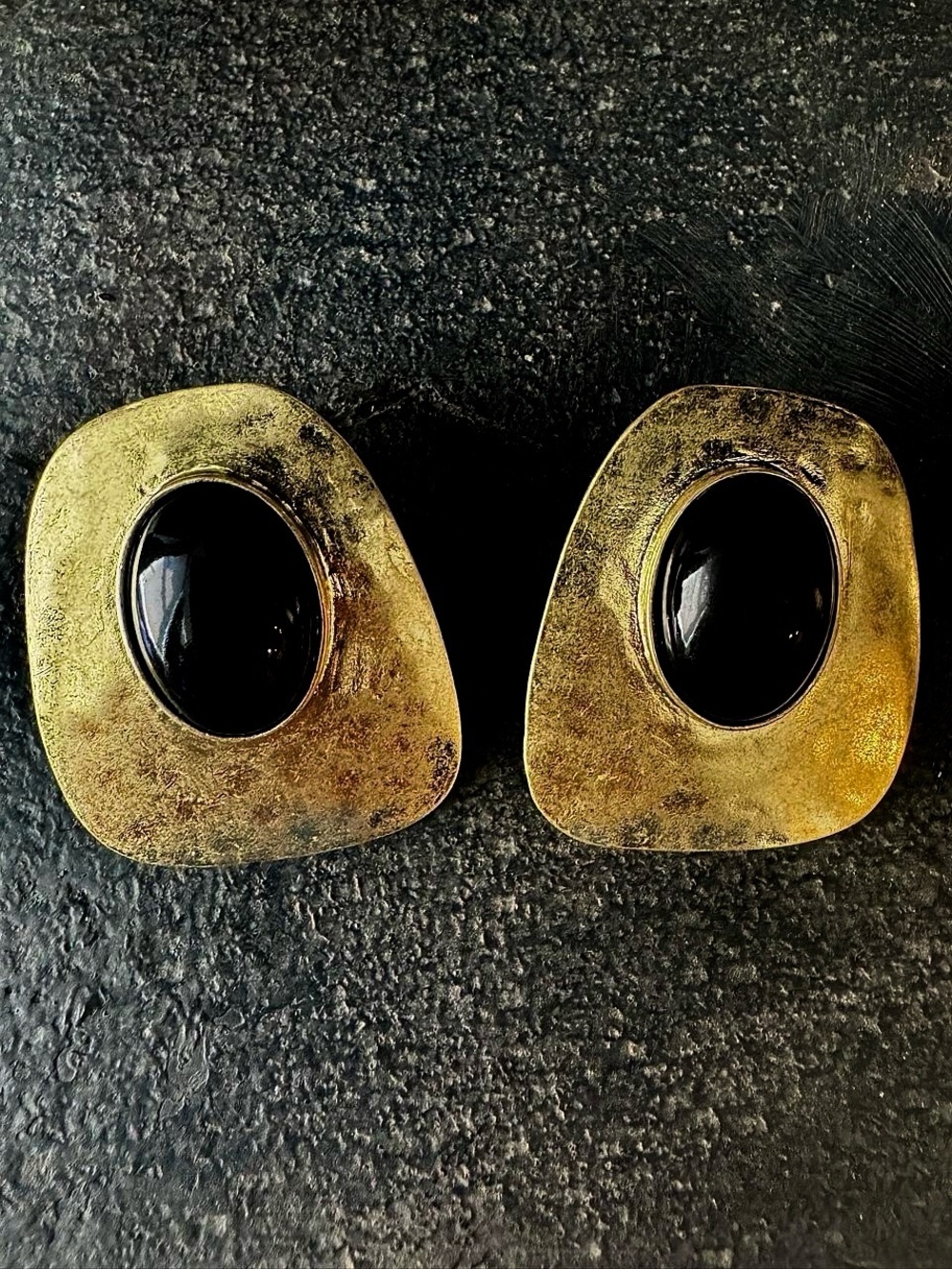 Vintage-Inspired Gold Tone Clip Earrings with Black Cabochon
